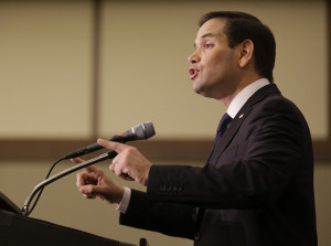 Sen. Marco Rubio, R-Fla. speaks to supporters at a primary election party in Kissimmee, Fla. Republicans have a commanding fundraising advantage as Hillary Clinton’s lead narrows in key battleground races like Florida. John Raoux/Associated Press 