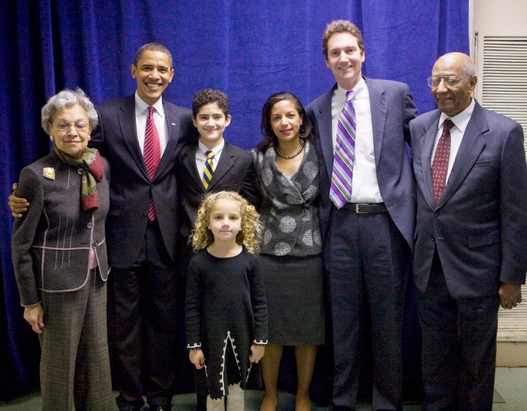 President-elect Barack Obama poses with Susan Rice and her family after nominating her to be U.S. Representative to the United Nations at a Chicago news conference. Left to right are Rice's mother, Lois Dickson Rice; Obama; Rice's son, Jake Rice-Cameron; Rice's daughter, Maris Rice-Cameron; Rice; Rice's husband, Ian Cameron; and Rice's father, Emmett J. Rice.