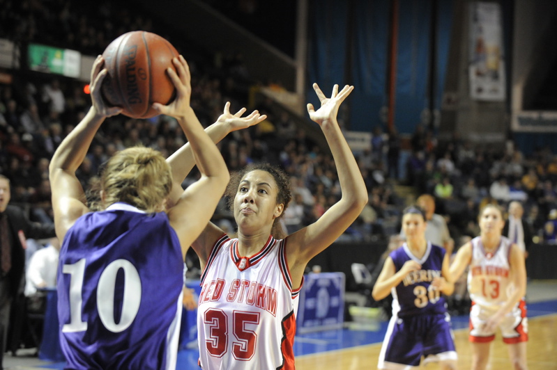 Carly Rogers of Scarborough defends an inbounds pass by Britni Mikulanecz.