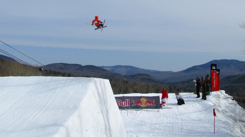 Simon Dumont watches from below as amateurs jump for a spot in the finals of the first Dumont Cup last year at Sunday River.