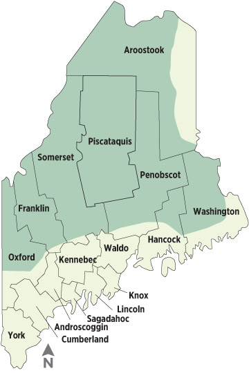 The 10 million acres known as the North Woods (dark green on map) is the largest unfragmented forest east of the Mississippi River.