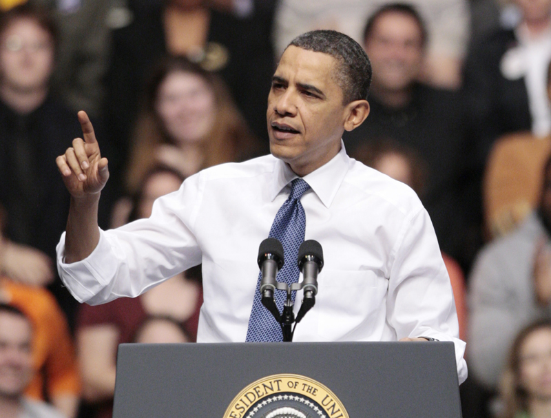 President Barack Obama delivers remarks on health insurance reform during a rally at George Mason University in Fairfax, Va., today.