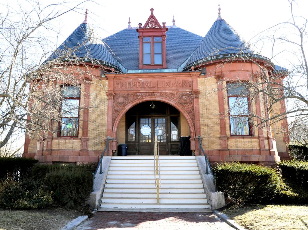 This wooden staircase was added last fall to replace pink granite steps at Walker Memorial Library in Westbrook. When the stone steps were removed, nothing was supporting them.