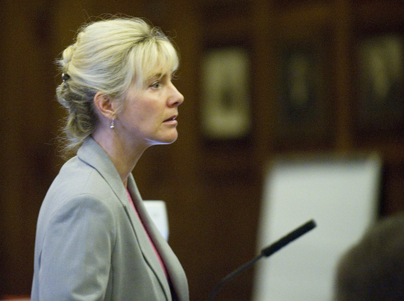 Linda Dolloff at her trial today. She is accused of bludgeoning her husband, then shooting herself to cover it up.