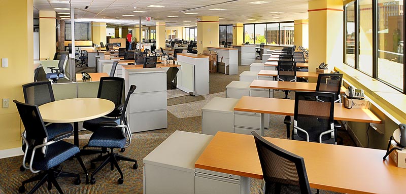 The new city room of The Portland Press Herald/Maine Sunday Telegram, part of MaineToday Media, is set up for the big move this past weekend of the newspapers’ editorial staff and administrative support personnel. The new offices are located at One City Center in downtown Portland.