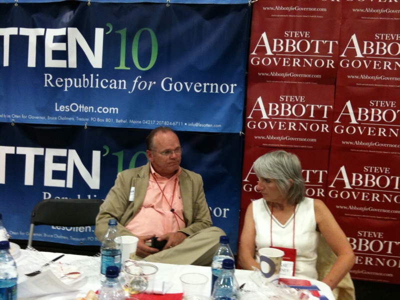 Matt and Diane Gurney, delegates from Norway, wait for the start of the Republican gubernatorial debate at the Portland Expo this evening.