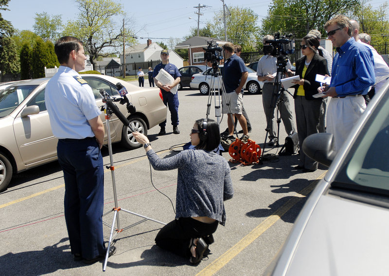 During a news conference Monday at the Coast Guard station in South Portland, Cmdr. Brian Downey confirms that two missing kayakers had been found. He said they were unresponsive and had no apparent vital signs when they were pulled from the 48-degree water.