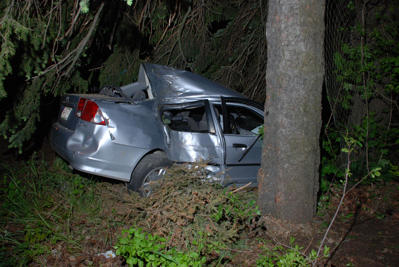 Derek Miller of Naples is being treated at Maine Medical Center for serious injuries after the car he was driving on Route 302 near Corsetti's Market crashed into a tree this morning, police said.