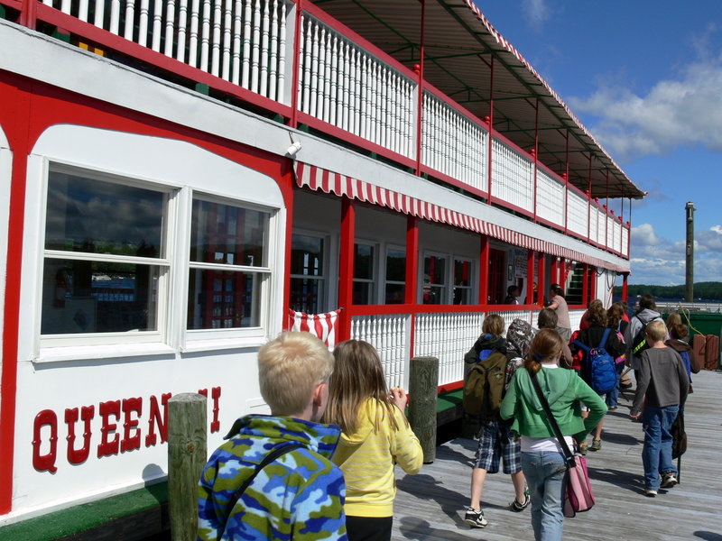 Students board the 93-foot Songo River Queen last week for their educational cruise.