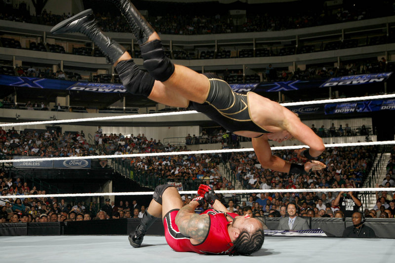 Jack Swagger, airborne, wrestles Saturday at the Cumberland County Civic Center.