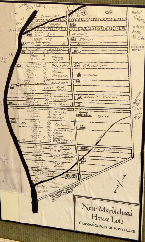 This 1750s map depicts so-called "Indian lots" along the Presumpscot River. The threat of Indian attack in Windham made it critical for early lots to be long and narrow so settlers could race back to the fort (center) for protection.