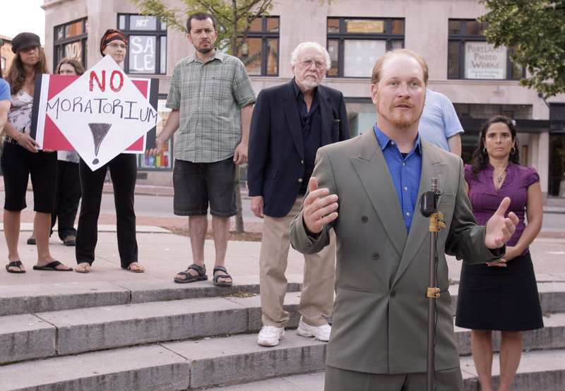 Portland City Councilor David Marshall speaks at a rally Monday to oppose an effort to place a six-month moratorium on medical marijuana dispensaries in Portland. "Patients want this now," Marshall said in urging other councilors to reject the temporary ban. The council voted 9-0 against the moratorium.