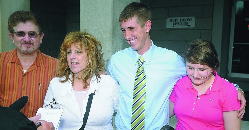 From left, William Guerrette, his wife, Melanie, their son Ryan and their daughter Nicole talk to reporters after Daniel Fortune's sentencing Thursday in Kennebec County Superior Court. "It's over with. That's the best," William Guerrette said.