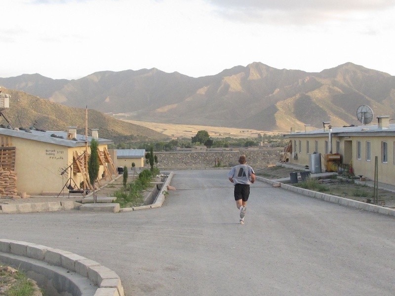 A Maine Army National Guard soldier runs laps Friday evenng around Combat Outpost Dand wa Patan on the border between Afghanistan and Pakistan.