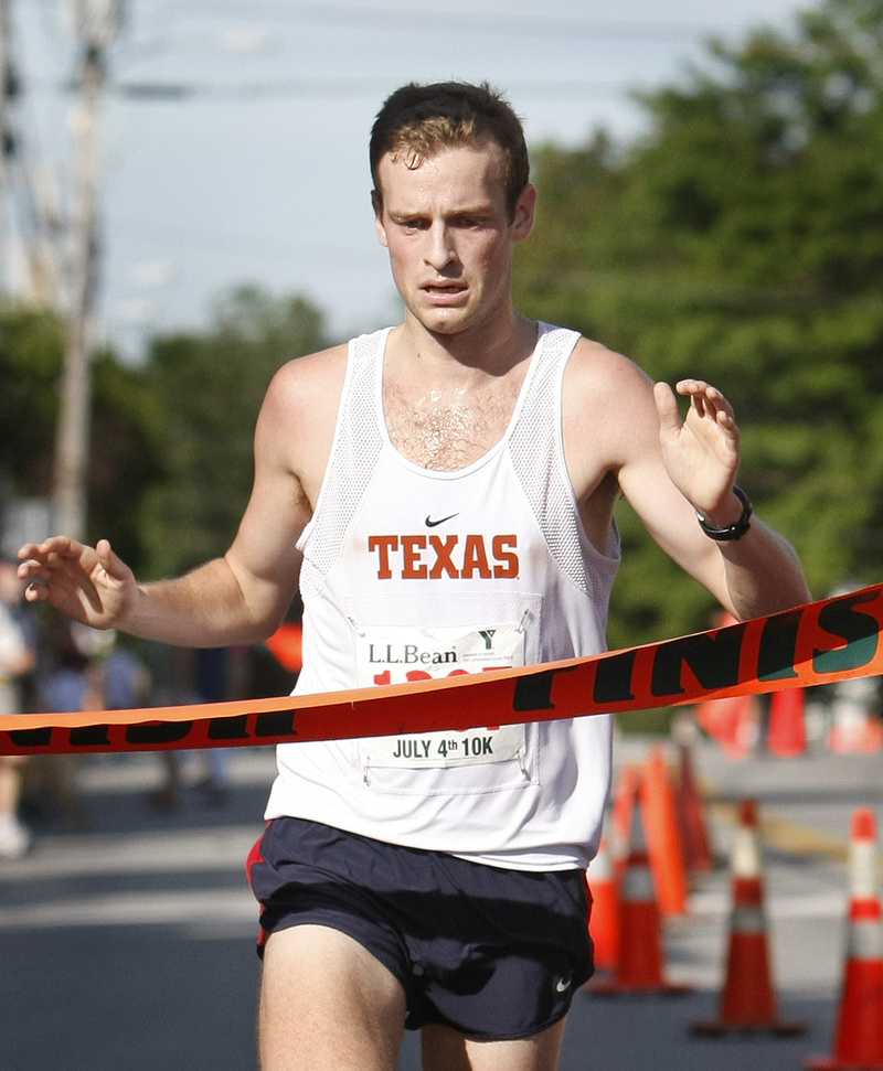 Jill Brady/Staff Photographer: Patrick Tarpy of Yarmouth wins the L.L.Bean Fourth of July 10K road race in Freeport Sunday, July 4, 2010.