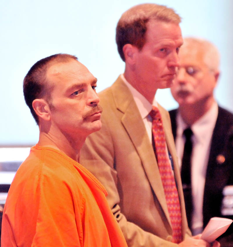 Raymond Bellavance Jr., 49, left and his attorney J. Mitchell Flick appear this morning in Kennebec County Superior Court in Augusta.