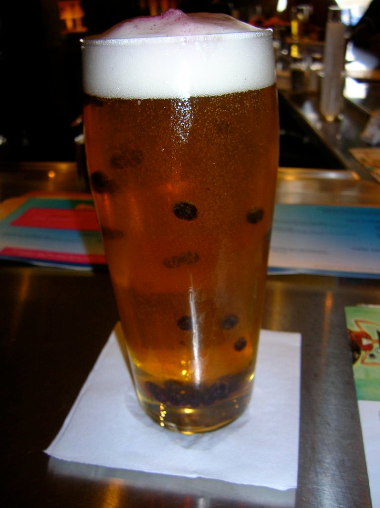 Maine blueberries float in Bunker Hill Blueberry Ale, served at Boston Beer Works outside of Fenway Park.