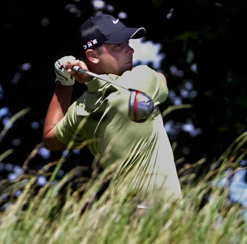 Dustin Cone of Port St. Lucie, Fla., hits a tee shot Wednesday at Riverside Golf Course on the way to a 1-under 71 in the final round of the Portland/Maine Open. Cone, who had 63 in the first round, held on for a one-shot win.