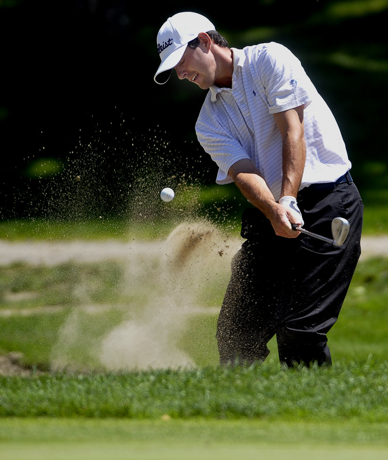 Mark Stevens blasts from a bunker onto the sixth green. Stevens, of Concord, N.H., shot a 2-under 70 in the final round to finish tied for second in the Portland/Maine Open.