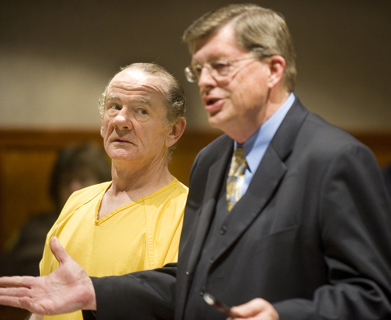 Jon Brown listens as his attorney, Cliff Strike, addresses the judge in Portland on Thursday. Brown was sentenced to 45 years for the attempted murder of Harold Small of Gray in May.