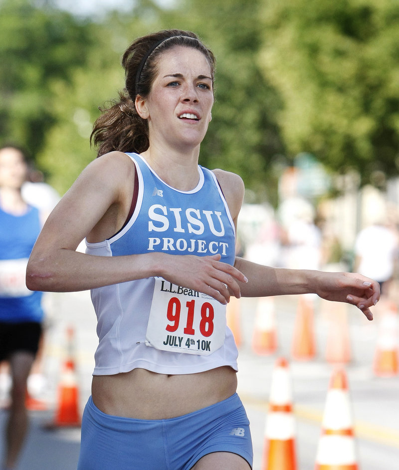 Caitlyn Clark, 25, of Worcester, Mass., was second among the women at the L.L. Bean 10K Sunday, 38 seconds behind Joan Benoit Samuelson's 38:25. "Growing up, I had posters of her on my wall," said Clark.