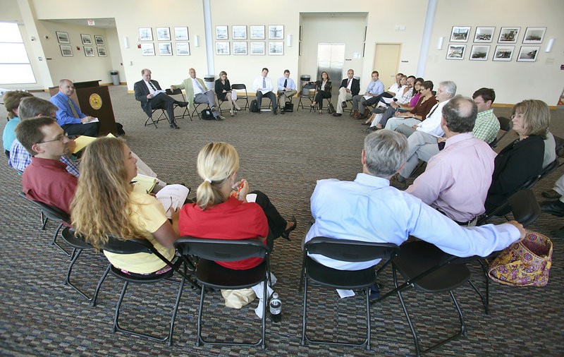 Officials from FEMA meet with local officials at Ocean Gateway in Portland on Monday, to discuss the agency’s new proposed flood maps.