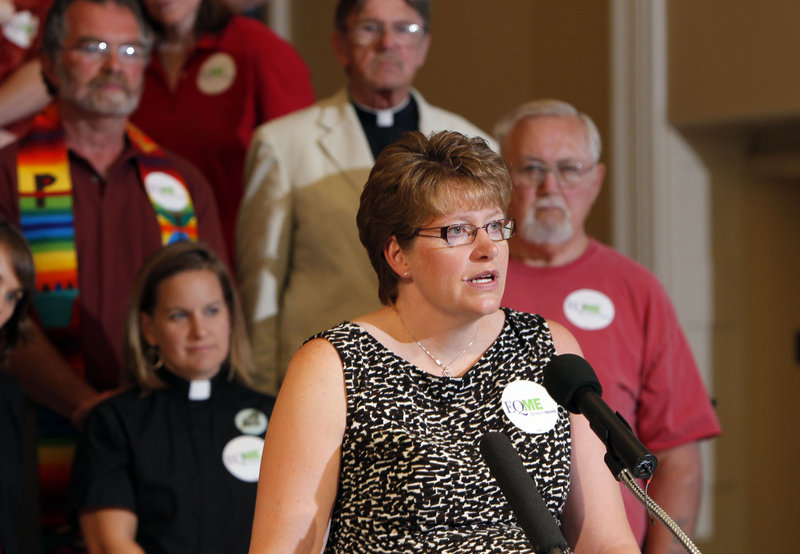 Bev Uhlenhake of Bangor speaks in favor of gay marriage at the State House. Supporters in Maine say they don’t have a time line to bring the issue back before the Legislature.