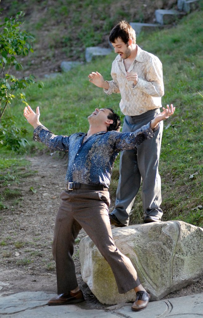 Bryant Mason, front, and Nate Speckman perform in the Fenix Theatre Company’s presentation of “Twelfth Night” in Portland’s Deering Oaks.