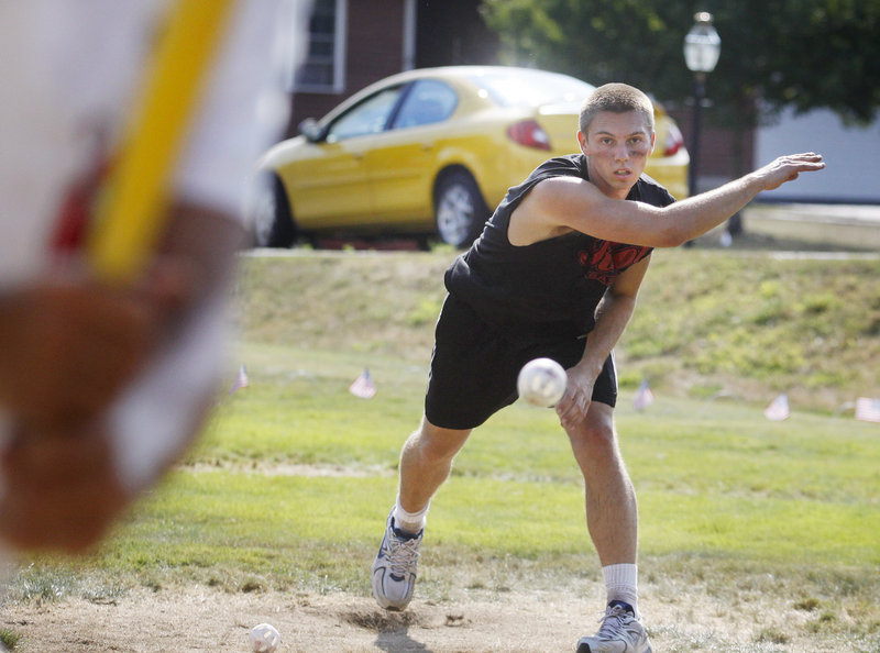 David Hardison, a sophomore at Bates College, delivers a pitch for The Bang Brothers, who won the championship series.