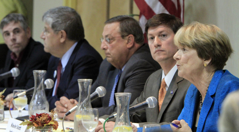 The five candidates for governor in Maine met earlier Tuesday in Waterville to debate issues affecting the elderly. From left to right are independent Shawn Moody, independent Eliot Cutler, Republican Paul LePage, independent Kevin Scott and Democrat Libby Mitchell.