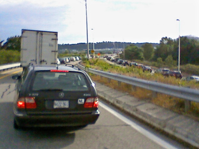 Traffic back-up this morning getting on to Veterans Memorial Bridge was due to a three-car accident.