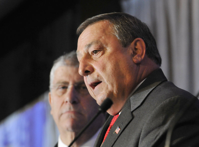 Republican gubernatorial candidate Paul LePage speaks Wednesday at the Portland Chamber of Commerce’s Eggs and Issues meeting at the Holiday Inn by the Bay.