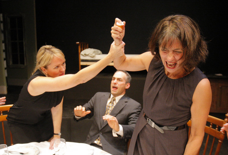 Kathleen Kimball, left, as Barbara, and Lisa Stathoplos, as her mother, Violet, rehearse a difficult scene in "August: Osage County," opening tonight at the St. Lawrence Arts & Community Center.