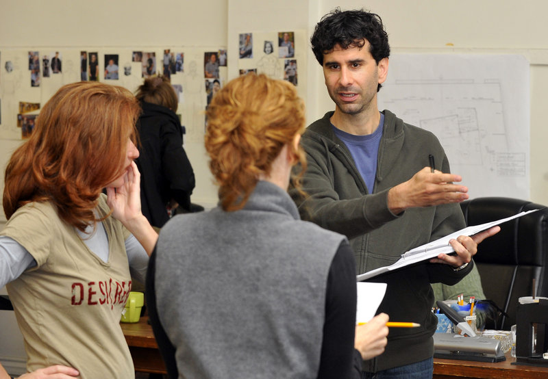 John Cariani discusses his play, “Last Gas,” with director Sally Wood, left, and actress Kathy McCafferty as they shape it before its premiere this week at Portland Stage Company.