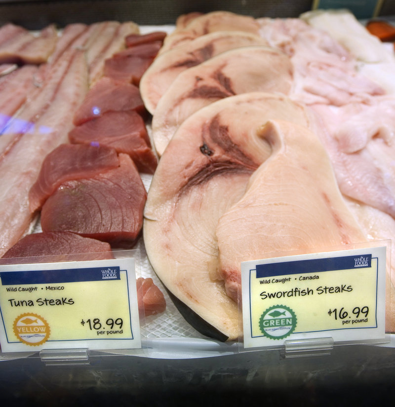 At Whole Foods Market in Portland, a green, or “best choice” ratings, means a species is relatively abundant and caught in environmentally-friendly ways. A yellow rating means there are some concerns with a fish’s status or catch methods. Red means “avoid” because the species is suffering from overfishing, or the methods used to catch it are harmful to other marine life or habitats. Whole Foods has already stopped selling many red-rated species.