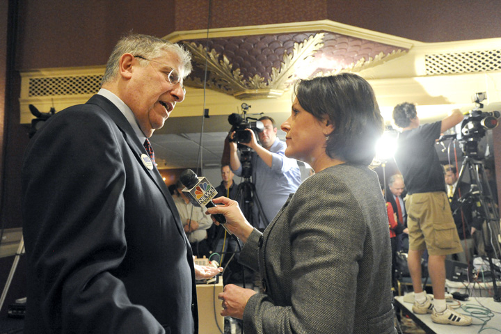 Eliot Cutler is interviewed by WCSH's Kathleen Shannon at the Campaign headquarters at the Eastland Hotel in Portland Tuesday night.