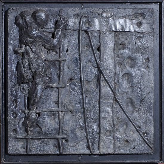 A bas relief casting in lead created by Don Meserve depicts the 12th in a series of 14 stations of the cross. The 14-by-14-inch works are hung around the perimeter of the Emanuel Chapel at the Cathedral of St. Luke in Portland.