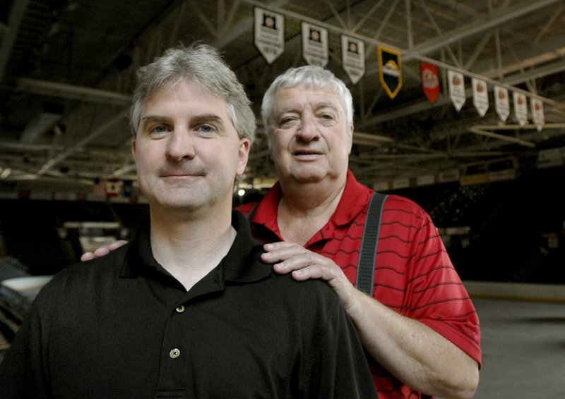 Pirates announcer Mark Jeanneret, front, will broadcast the Buffalo Sabres games against Calgary and Edmonton on an upcoming roadt rip because his father, Rick Jeanneret, is taking a break during the team's western swing.