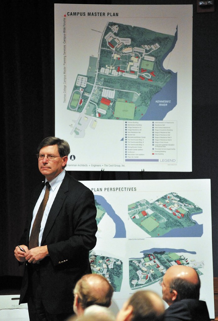 Steve Cecil, president of the Boston-based Cecil Group, discusses ideas of the Campus Master Plan with faculty, administrators and students during an informational forum at the Ayotte Auditorium at Thomas College in Waterville on Tuesday afternoon.