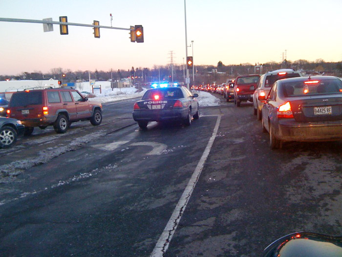 This photo taken in South Portland shows Portland-bound traffic backed up on the Casco Bay Bridge this afternoon.