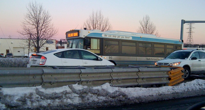 In this photo taken near the Mill Creek turnoff on the Casco Bay Bridge, a car that was stuck in traffic (white car, center) has turned around and is attempting to go south in the northbound lanes.