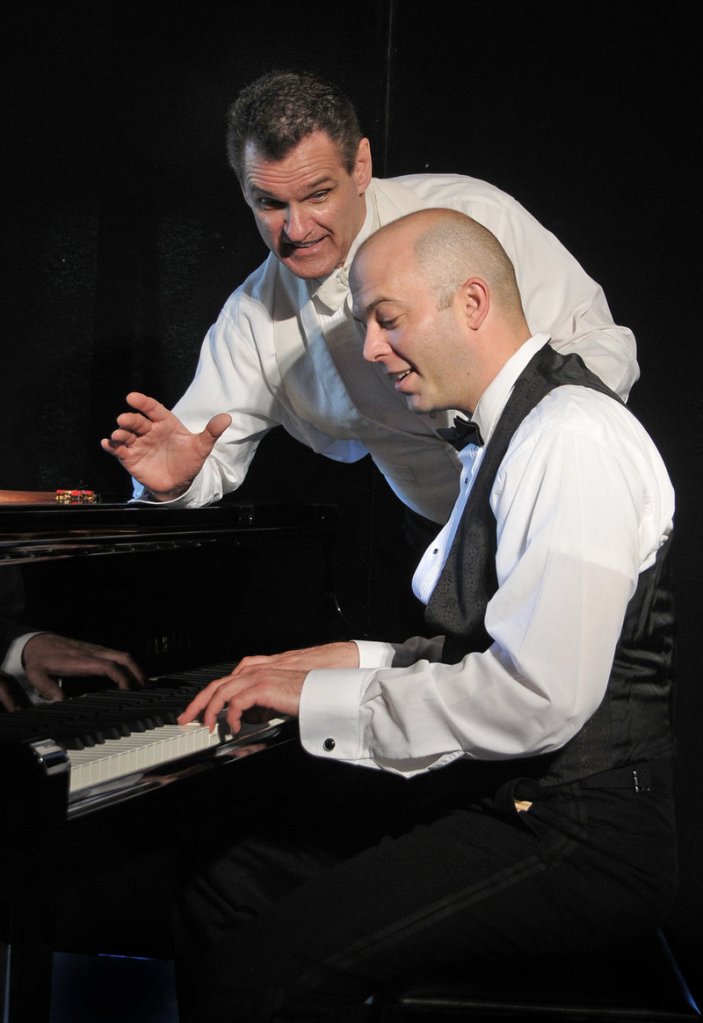 Tom Frey, foreground, and Jeffrey Rockwell star in Portland Stage Company’s “2 Pianos 4 Hands.”