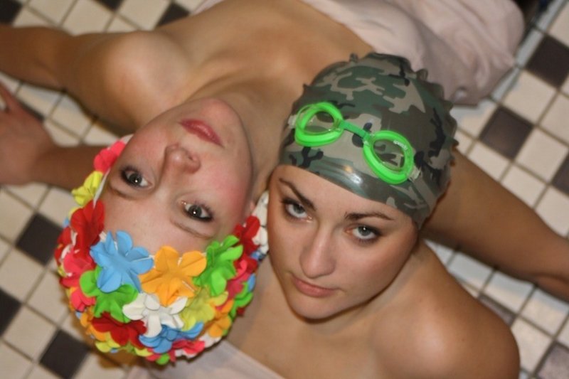 Meredith Lamothe of Wells (in flowered cap) and Sarah Dube of Eagle Lake in the USM production of “Airswimming.”