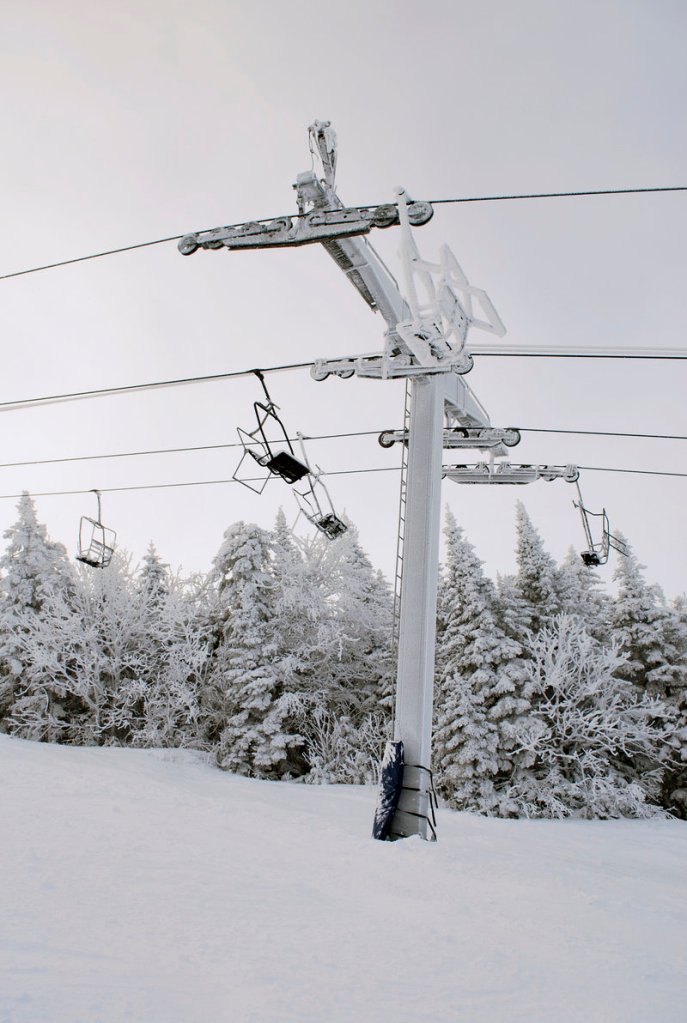 Wind and limited visibility on Wednesday and Thursday delayed testing of Sugarloaf s Spillway East chairlift. A wheel assembly on Tower 8, shown here, was tilted sideways before the cable derailment on Dec. 28, a spokesman said Friday.