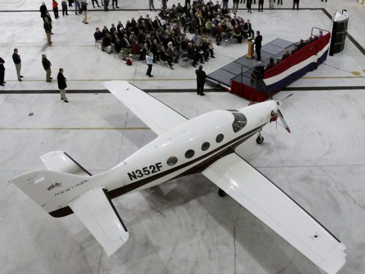 One of the planes of the Kestrel Aircraft Co. was used as the backdrop for a ceremony in 2011 marking redevelopment of the former Brunswick Naval Air Station. While Kestrel Aeroworks appeared to be a big win for Brunswick Landing when it moved in, other employers have since brought hundreds of jobs to the former Navy base. Now, the company is being evicted for failing to pay rent.