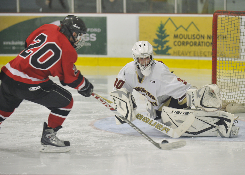 Jay Finch of Thornton Academy didn’t have the toughest of nights – needing just nine saves to shut out Scarborough. But one of them came off a strong effort by Mark Pearson in the second period. Thornton won 6-0 in the Western Class A quarterfinals for a fourth straight shutout.