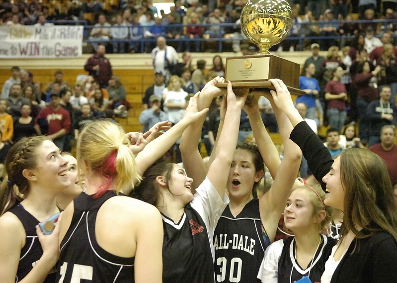 It's celebration time for Hall-Dale after the Bulldogs earned the school's first Class C girls' basketball state championship since 1986.