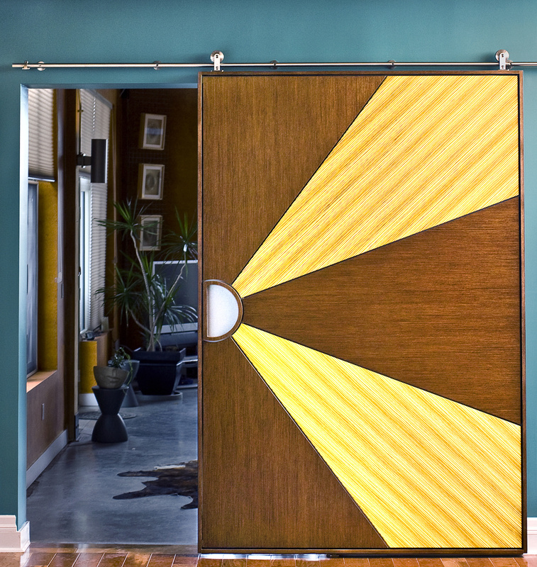 Dead Leaf Designs in Missouri built this barn door for a Kansas City loft with wenge and zebra wood veneers, stainless steel handle and reveals.