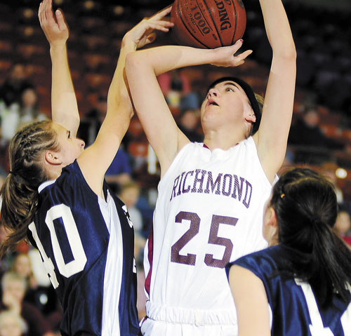 RICHMOND’S HIGH HOPES: Richmond High School’s Jamie Plummer (25) scored 58 points in three games during last week’s Western Maine Class D tournament.