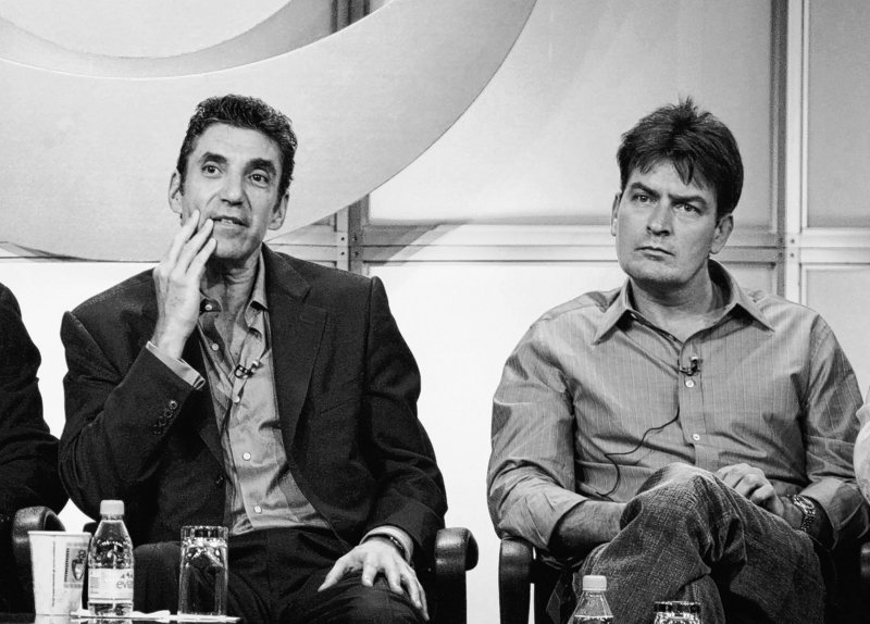 Actor Charlie Sheen, right, co-star of “Two and a Half Men,” and executive producer Chuck Lorre are shown together in this July 20, 2005, photo.